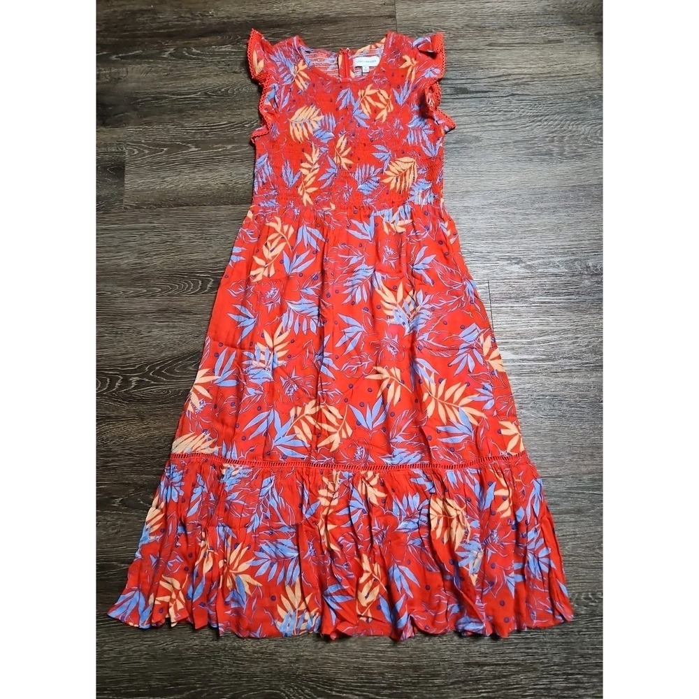 Lost + Wander Still On Vacay Floral Tropical Print Midi Dress In Red Size Medium